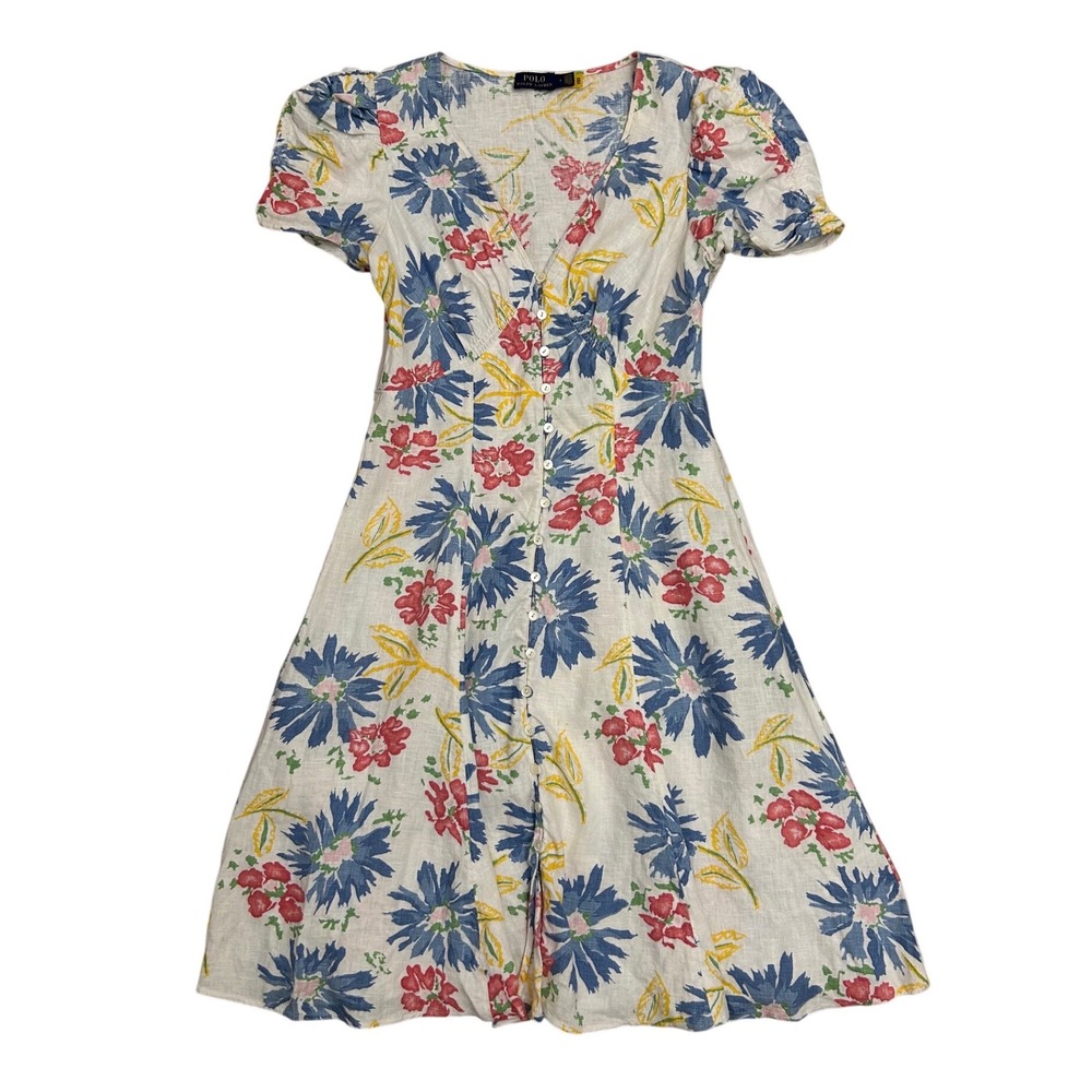 Polo Ralph Lauren Floral Linen Button Front Puff Sleeve Dress White Blue 6 - Picture 3 of 8